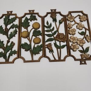 4 RARE VINTAGE SEXTON FLORAL CAST METAL wrought iron WALL ART Seasons FLOWERS